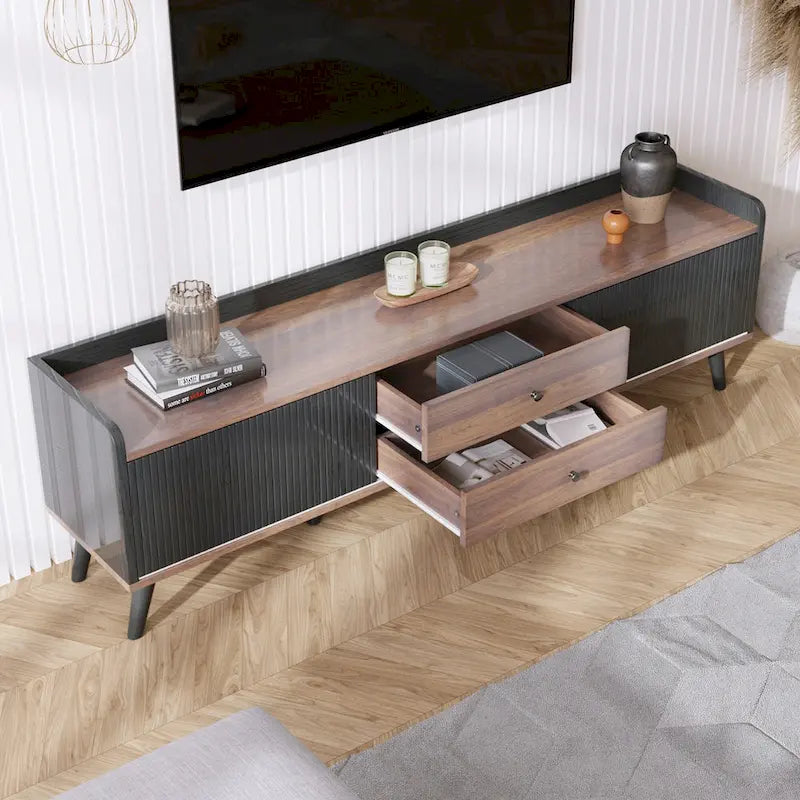 63 Mid Century TV-Ständer mit 2 Schränken und offenen Fächern, Entertainment Center für Fernseher bis 70 Zoll, TV-Konsole