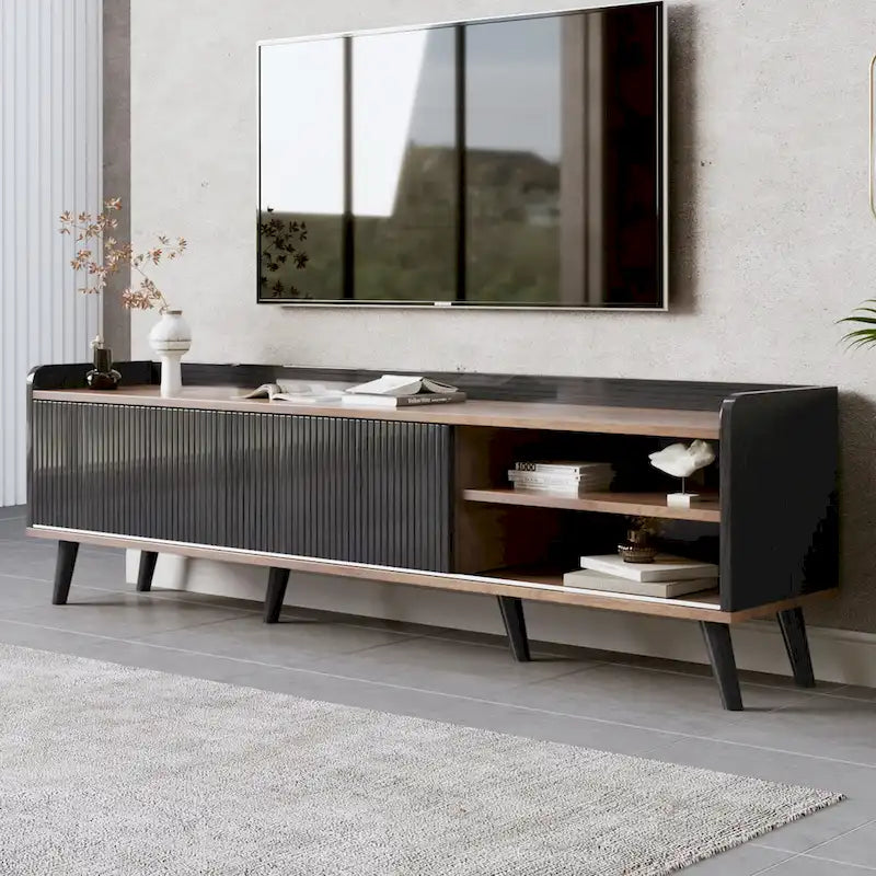63 Mid Century TV-Ständer mit 2 Schränken und offenen Fächern, Entertainment Center für Fernseher bis 70 Zoll, TV-Konsole