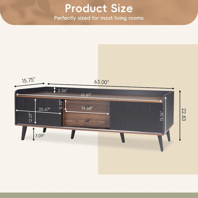 63 Mid Century TV-Ständer mit 2 Schränken und offenen Fächern, Entertainment Center für Fernseher bis 70 Zoll, TV-Konsole