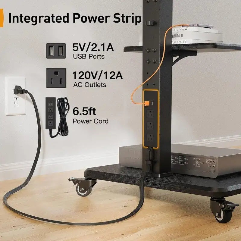 Mobiler TV-Ständer mit Steckdose, USB-Anschlüssen und Höhenverstellung