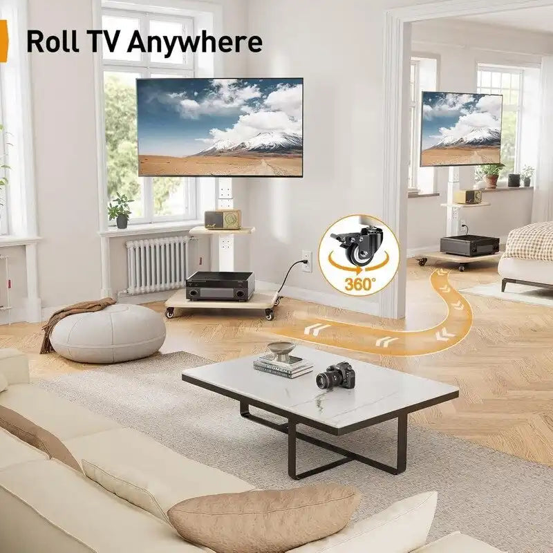 Mobiler TV-Ständer mit Steckdose, USB-Anschlüssen und Höhenverstellung
