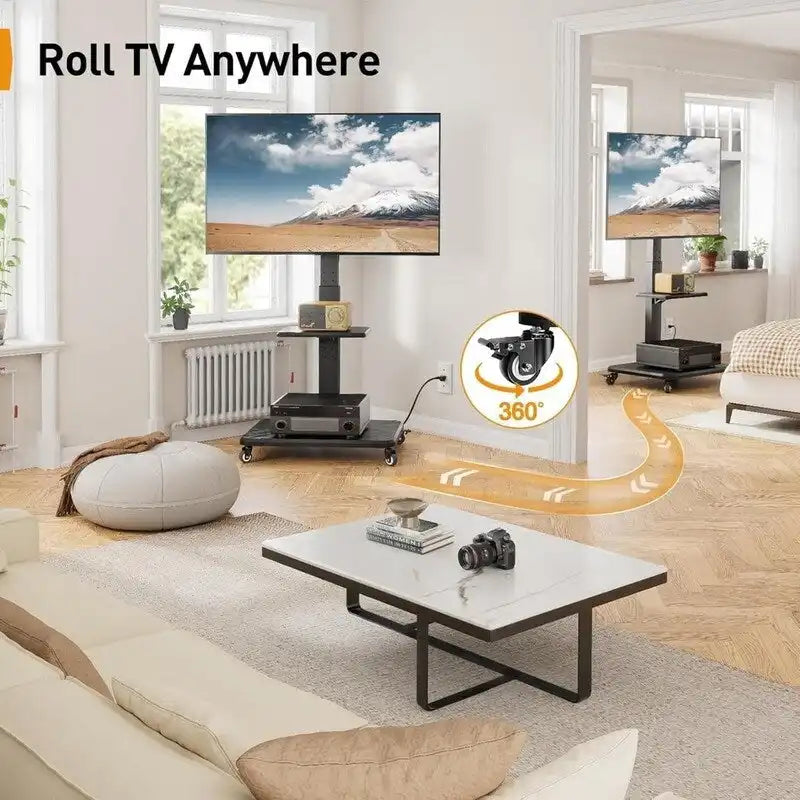 Mobiler TV-Ständer mit Steckdose, USB-Anschlüssen und Höhenverstellung
