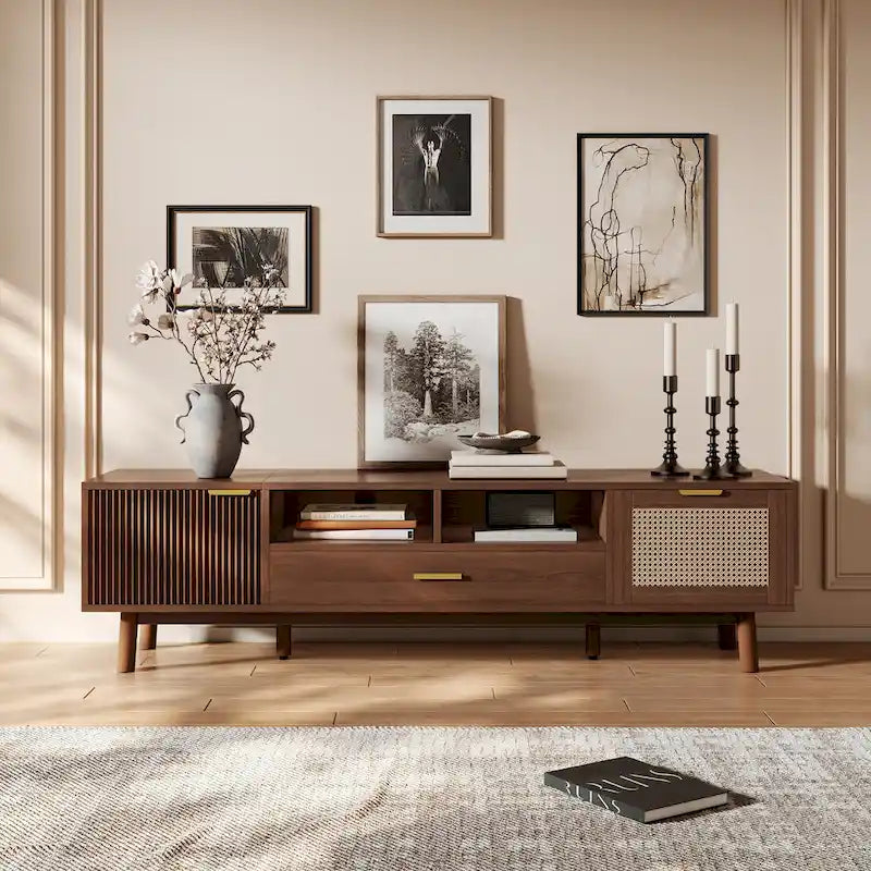 TV-Schrank aus Holz mit Rattan-Schubladen für Fernseher bis 75"