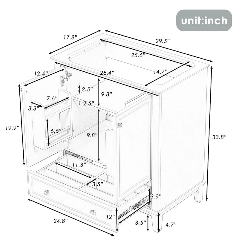 76 cm Badezimmer-Waschtischunterschrank mit Türen, Schubladen und verstellbarem Einlegeboden