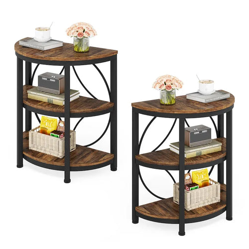 3-Tier Half Round End Table with Storage Shelves & Metal Frame