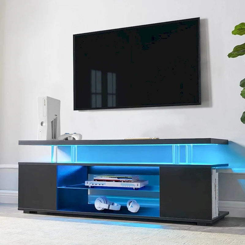 Schwarzer 51-Zoll-TV-Ständer mit LED und offenem Stauraum für 70-Zoll-Fernseher