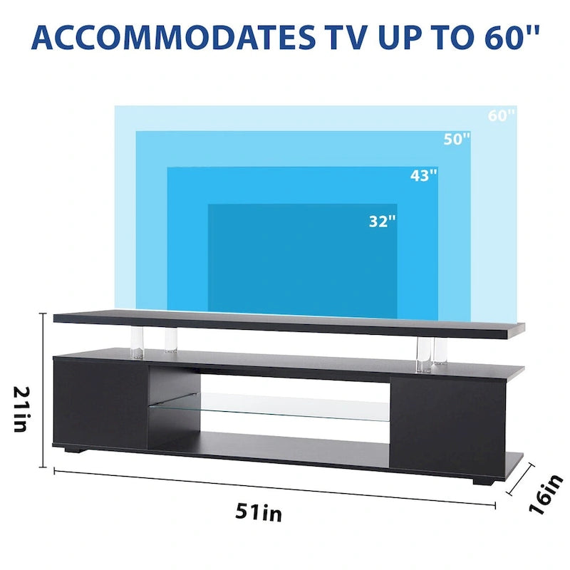 Schwarzer 51-Zoll-TV-Ständer mit LED und offenem Stauraum für 70-Zoll-Fernseher