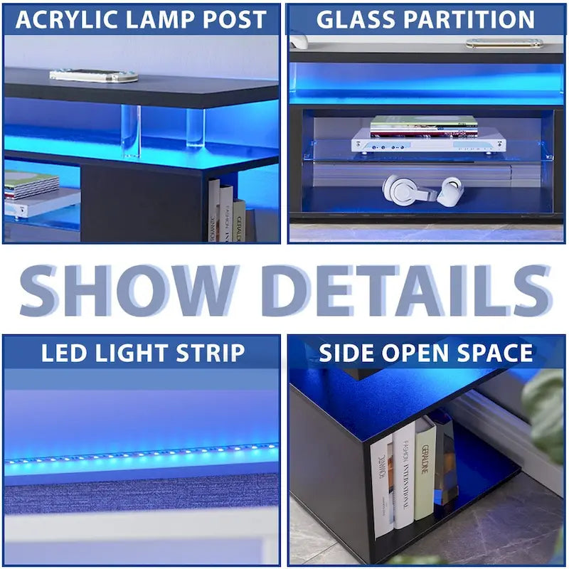 Schwarzer 51-Zoll-TV-Ständer mit LED und offenem Stauraum für 70-Zoll-Fernseher