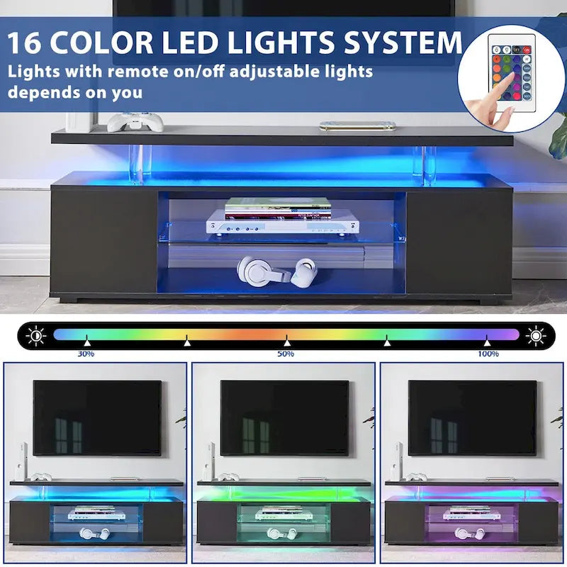 Schwarzer 51-Zoll-TV-Ständer mit LED und offenem Stauraum für 70-Zoll-Fernseher