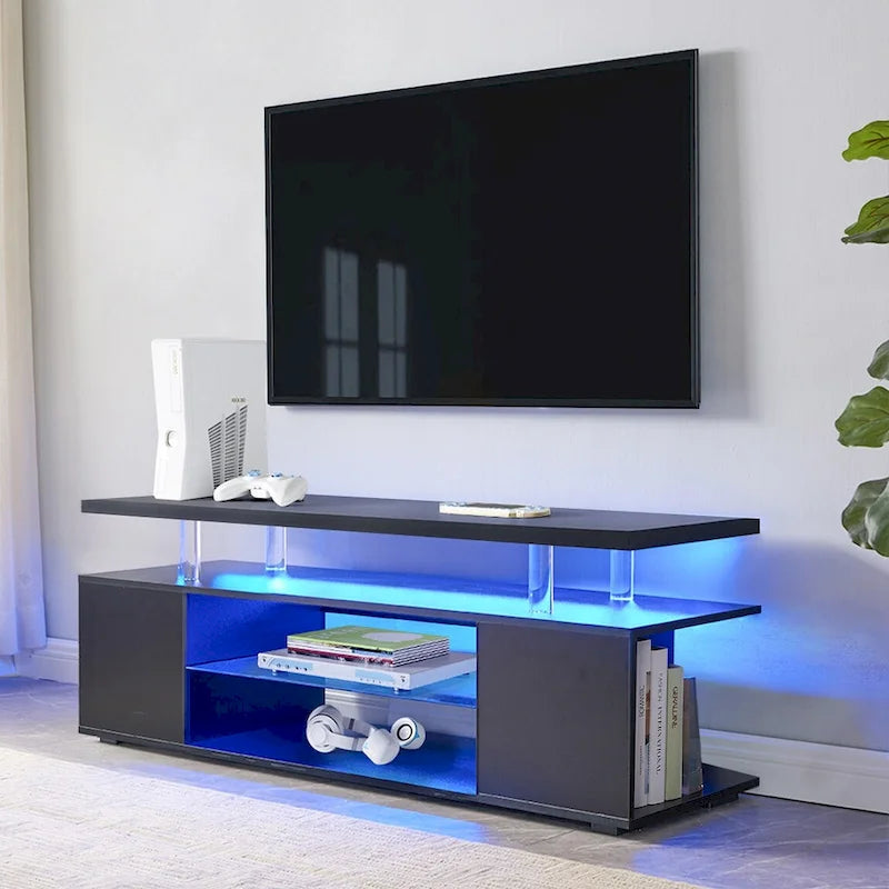 Schwarzer 51-Zoll-TV-Ständer mit LED und offenem Stauraum für 70-Zoll-Fernseher