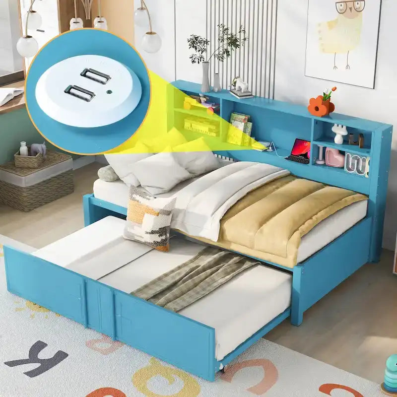 Blaues Metall-Tagesbett mit Ausziehbett, Ablageregalen und USB-Anschlüssen – kein Boxspringbett erforderlich