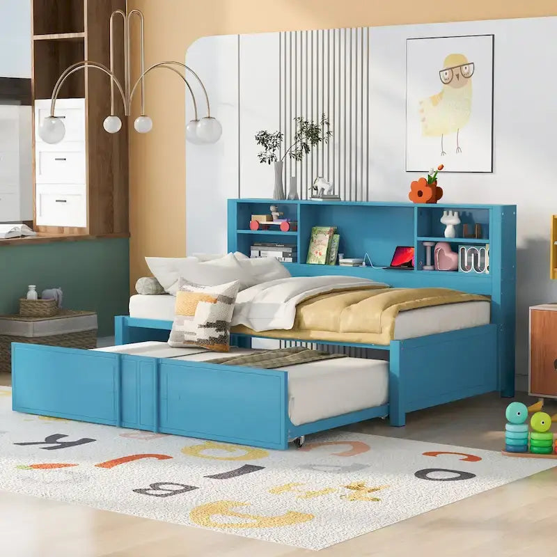 Blaues Metall-Tagesbett mit Ausziehbett, Ablageregalen und USB-Anschlüssen – kein Boxspringbett erforderlich