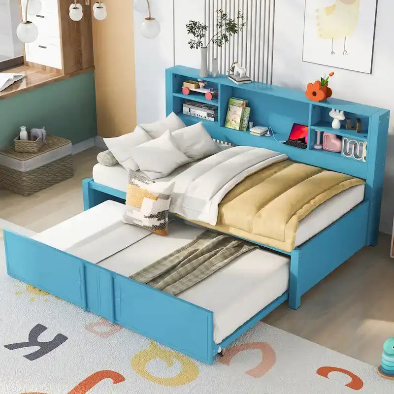 Blaues Metall-Tagesbett mit Ausziehbett, Ablageregalen und USB-Anschlüssen – kein Boxspringbett erforderlich