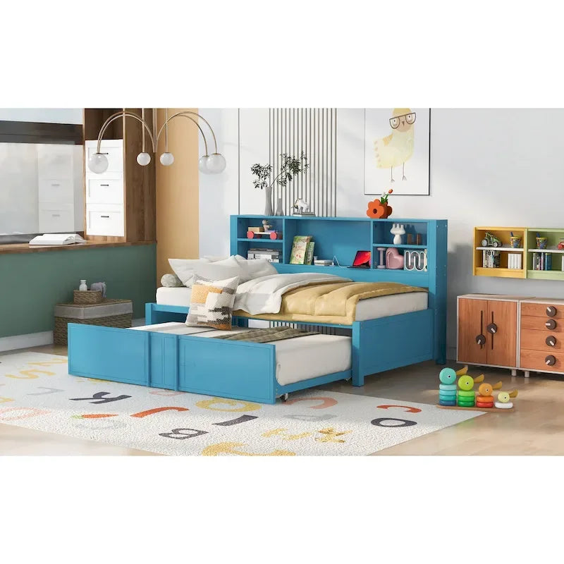 Blaues Metall-Tagesbett mit Ausziehbett, Ablageregalen und USB-Anschlüssen – kein Boxspringbett erforderlich