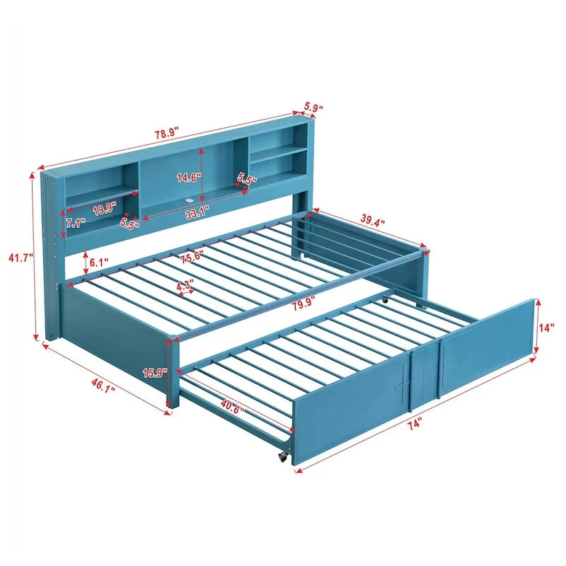 Blaues Metall-Tagesbett mit Ausziehbett, Ablageregalen und USB-Anschlüssen – kein Boxspringbett erforderlich