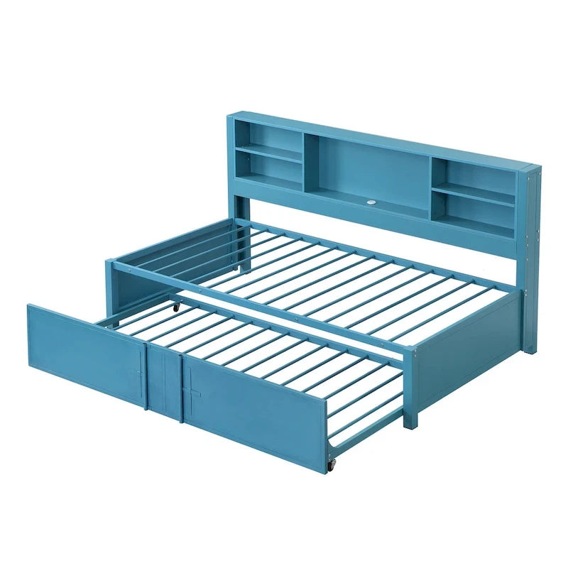Blaues Metall-Tagesbett mit Ausziehbett, Ablageregalen und USB-Anschlüssen – kein Boxspringbett erforderlich