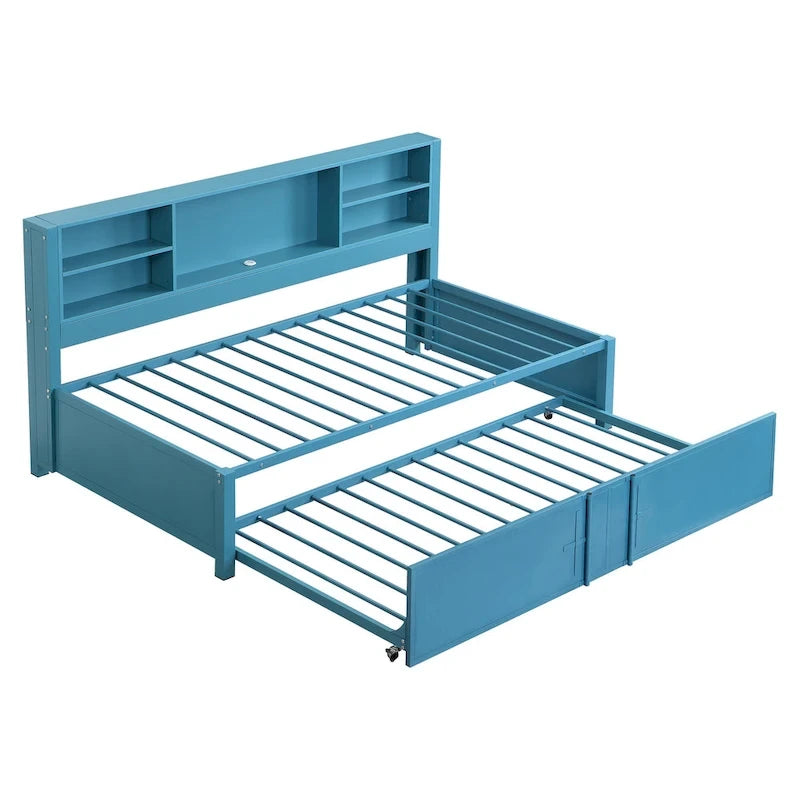 Blaues Metall-Tagesbett mit Ausziehbett, Ablageregalen und USB-Anschlüssen – kein Boxspringbett erforderlich