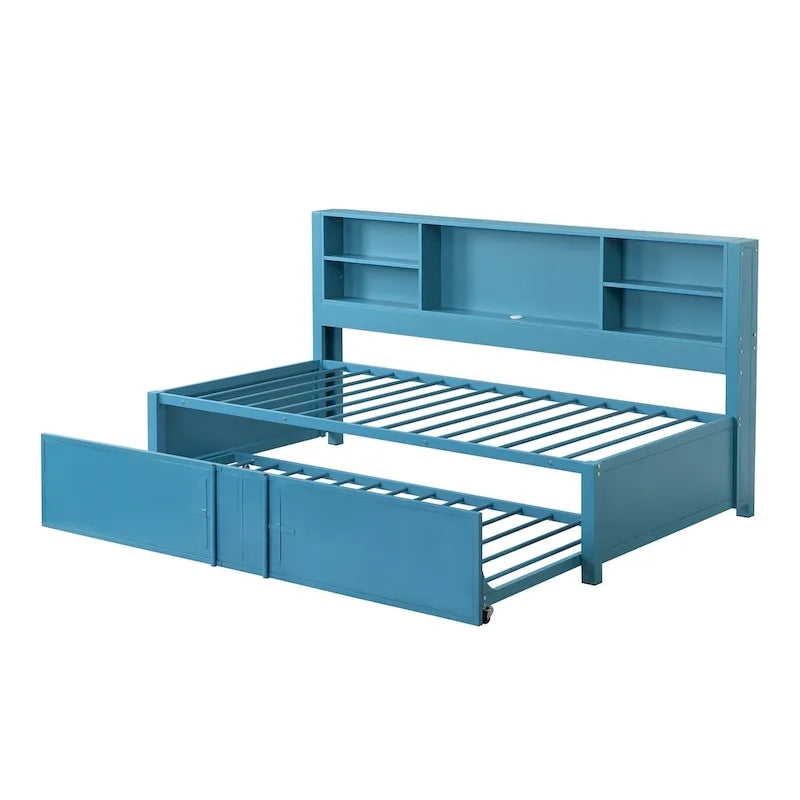 Blaues Metall-Tagesbett mit Ausziehbett, Ablageregalen und USB-Anschlüssen – kein Boxspringbett erforderlich