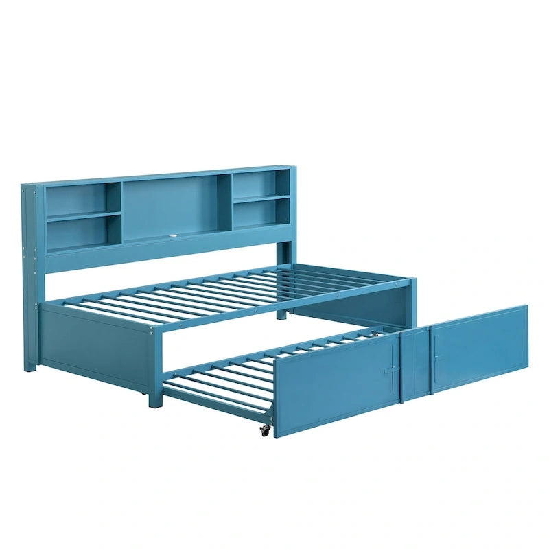 Blaues Metall-Tagesbett mit Ausziehbett, Ablageregalen und USB-Anschlüssen – kein Boxspringbett erforderlich