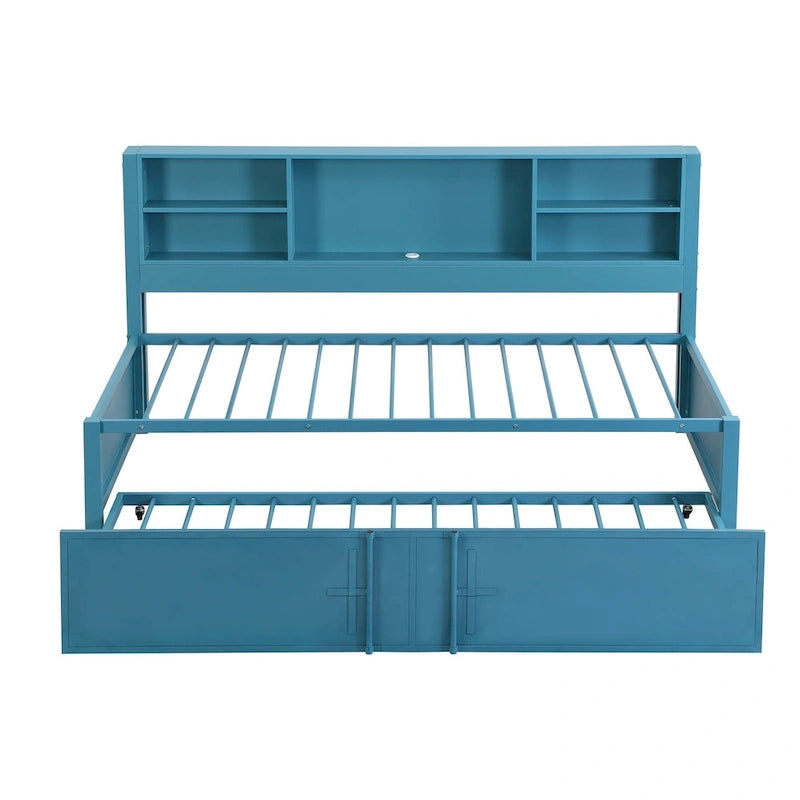 Blaues Metall-Tagesbett mit Ausziehbett, Ablageregalen und USB-Anschlüssen – kein Boxspringbett erforderlich