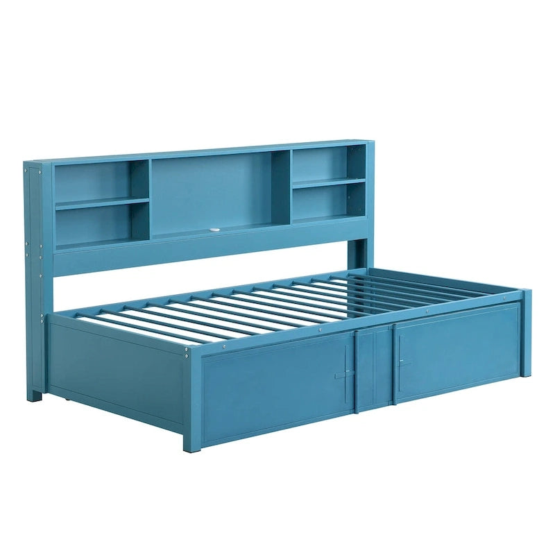 Blaues Metall-Tagesbett mit Ausziehbett, Ablageregalen und USB-Anschlüssen – kein Boxspringbett erforderlich