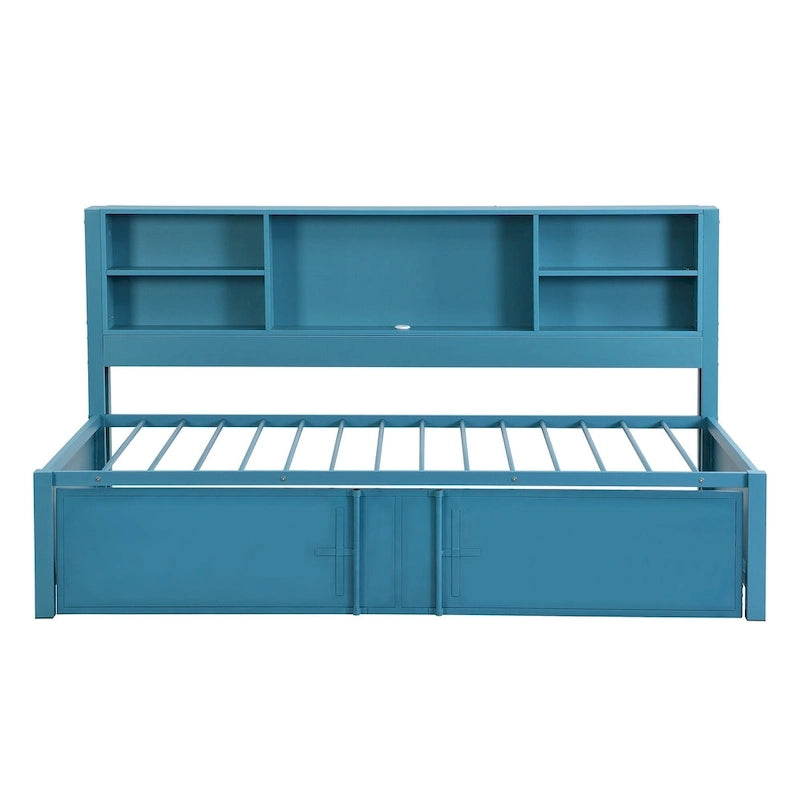 Blaues Metall-Tagesbett mit Ausziehbett, Ablageregalen und USB-Anschlüssen – kein Boxspringbett erforderlich