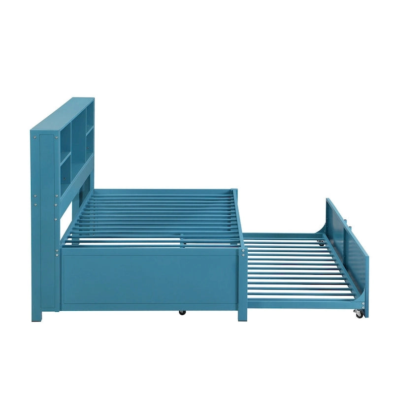 Blaues Metall-Tagesbett mit Ausziehbett, Ablageregalen und USB-Anschlüssen – kein Boxspringbett erforderlich