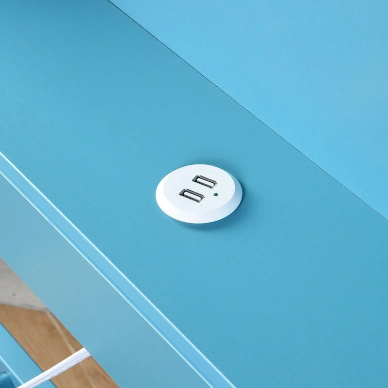 Blaues Metall-Tagesbett mit Ausziehbett, Ablageregalen und USB-Anschlüssen – kein Boxspringbett erforderlich