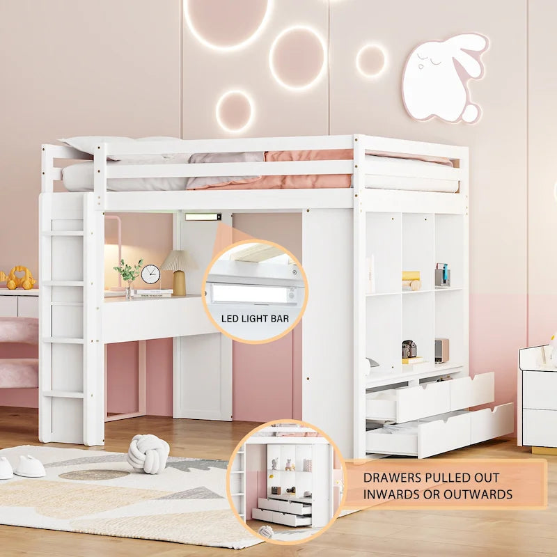 Weißes Kiefernholz-Hochbett (Full Size) mit großen Regalen, Schreibtisch und LED-Beleuchtung fürs Schlafzimmer