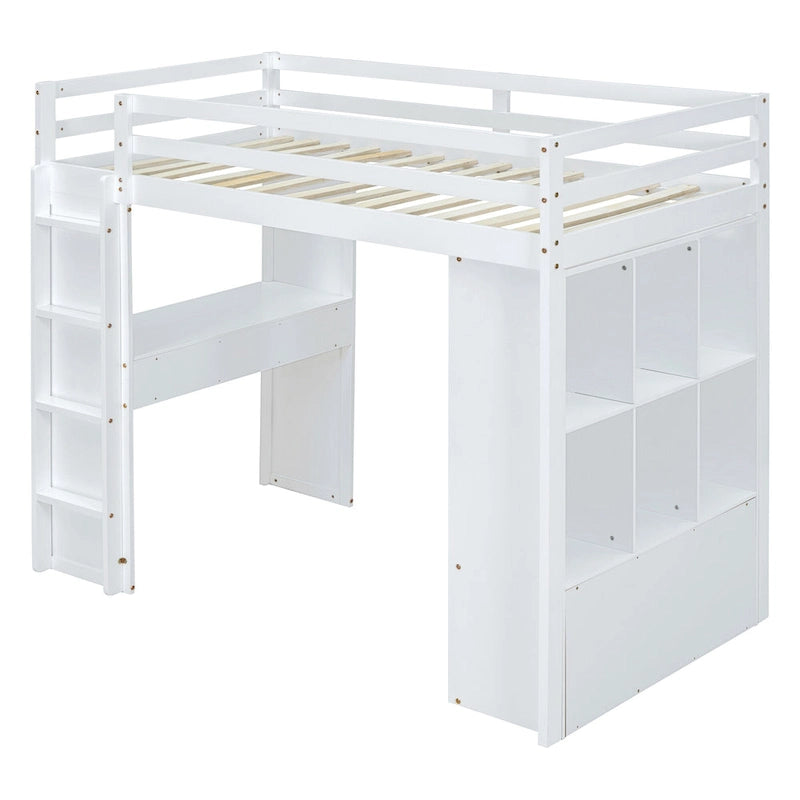 Weißes Kiefernholz-Hochbett (Full Size) mit großen Regalen, Schreibtisch und LED-Beleuchtung fürs Schlafzimmer