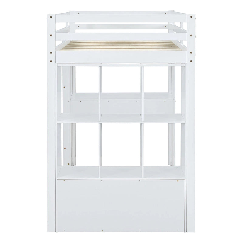 Weißes Kiefernholz-Hochbett (Full Size) mit großen Regalen, Schreibtisch und LED-Beleuchtung fürs Schlafzimmer