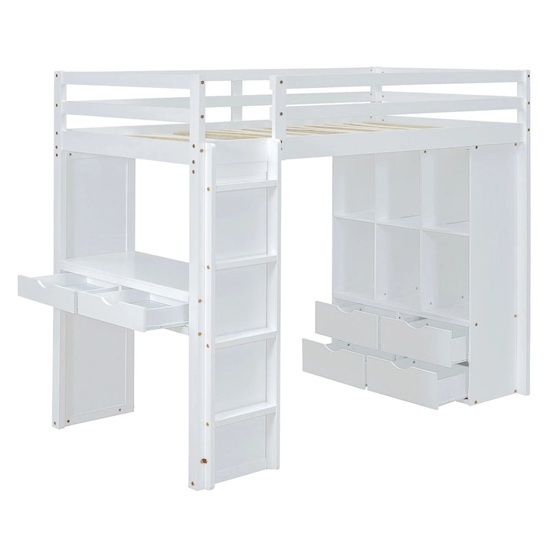 Weißes Kiefernholz-Hochbett (Full Size) mit großen Regalen, Schreibtisch und LED-Beleuchtung fürs Schlafzimmer