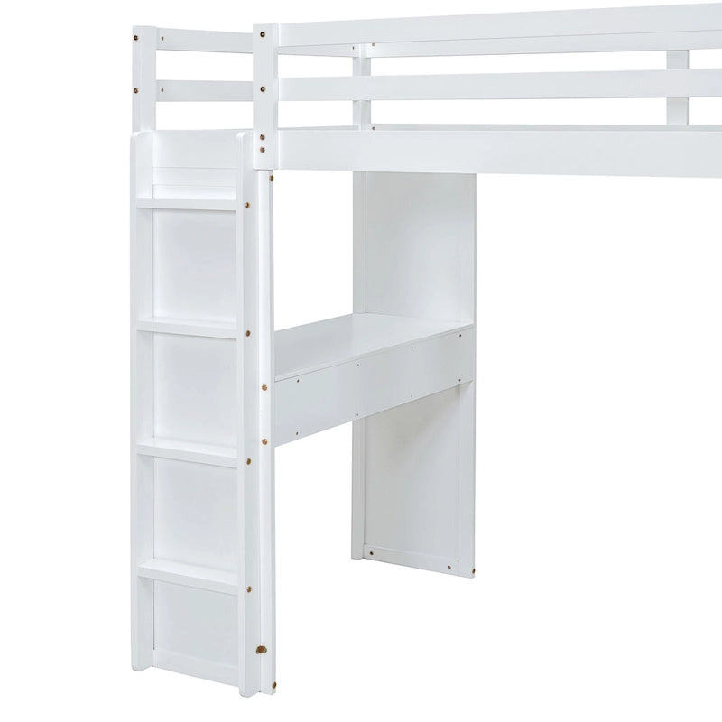 Weißes Kiefernholz-Hochbett (Full Size) mit großen Regalen, Schreibtisch und LED-Beleuchtung fürs Schlafzimmer