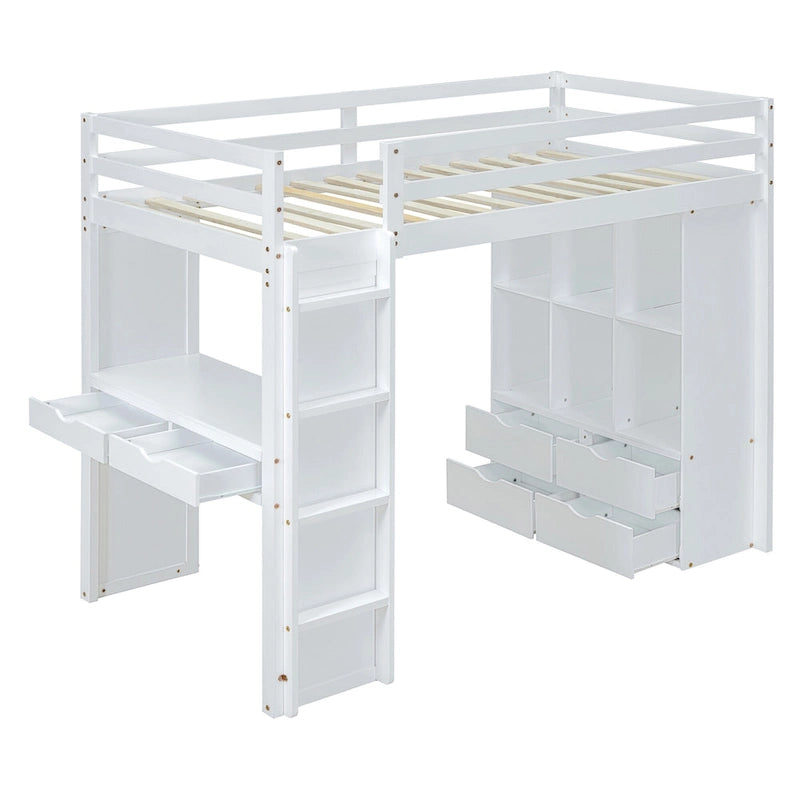 Weißes Kiefernholz-Hochbett (Full Size) mit großen Regalen, Schreibtisch und LED-Beleuchtung fürs Schlafzimmer