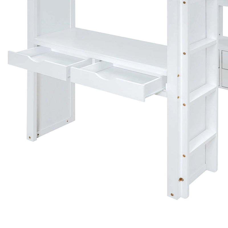 Weißes Kiefernholz-Hochbett (Full Size) mit großen Regalen, Schreibtisch und LED-Beleuchtung fürs Schlafzimmer