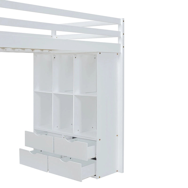 Weißes Kiefernholz-Hochbett (Full Size) mit großen Regalen, Schreibtisch und LED-Beleuchtung fürs Schlafzimmer