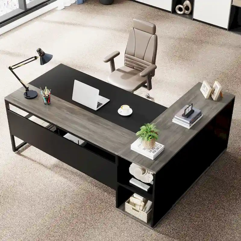 180 cm Chefschreibtisch, L-förmiger Schreibtisch mit Schrank und Regalen für das Home Office