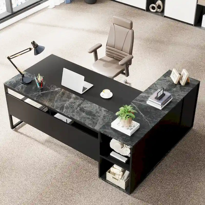 180 cm Chefschreibtisch, L-förmiger Schreibtisch mit Schrank und Regalen für das Home Office