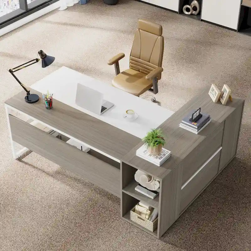 180 cm Chefschreibtisch, L-förmiger Schreibtisch mit Schrank und Regalen für das Home Office