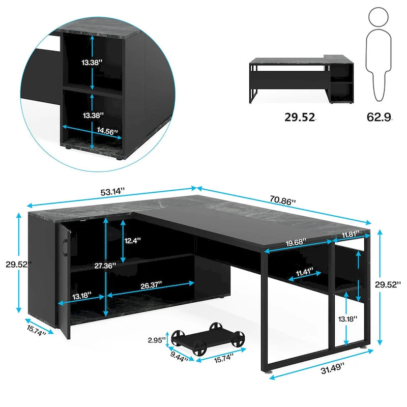 180 cm Chefschreibtisch, L-förmiger Schreibtisch mit Schrank und Regalen für das Home Office