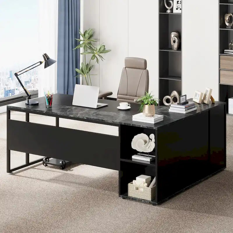 180 cm Chefschreibtisch, L-förmiger Schreibtisch mit Schrank und Regalen für das Home Office
