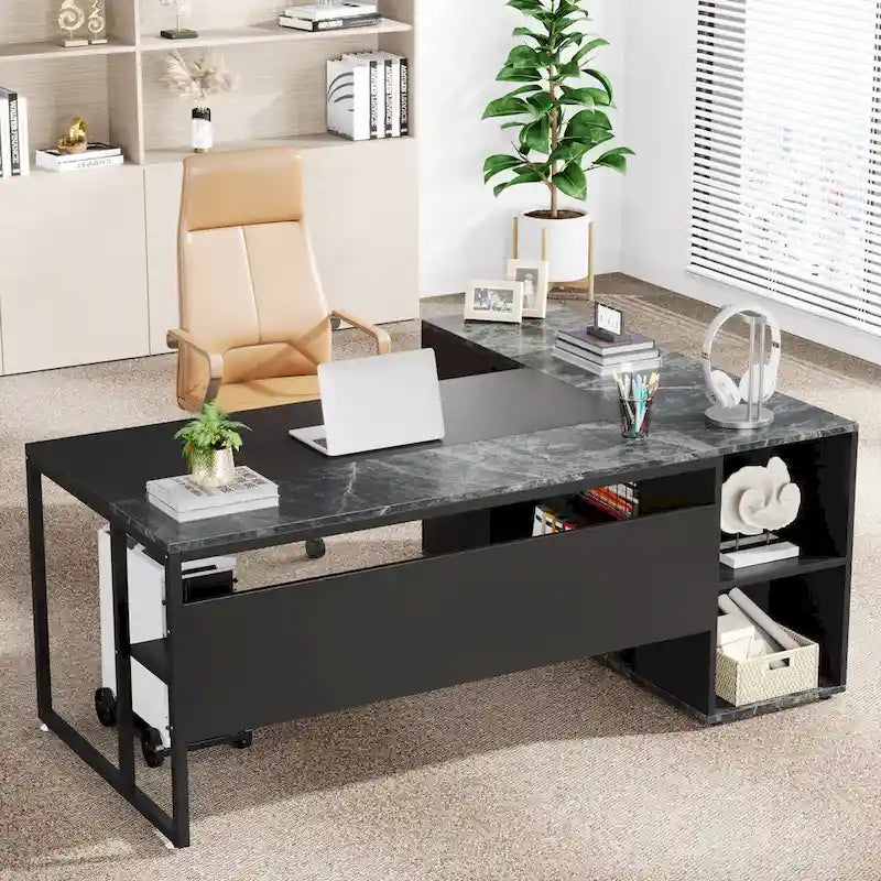 180 cm Chefschreibtisch, L-förmiger Schreibtisch mit Schrank und Regalen für das Home Office
