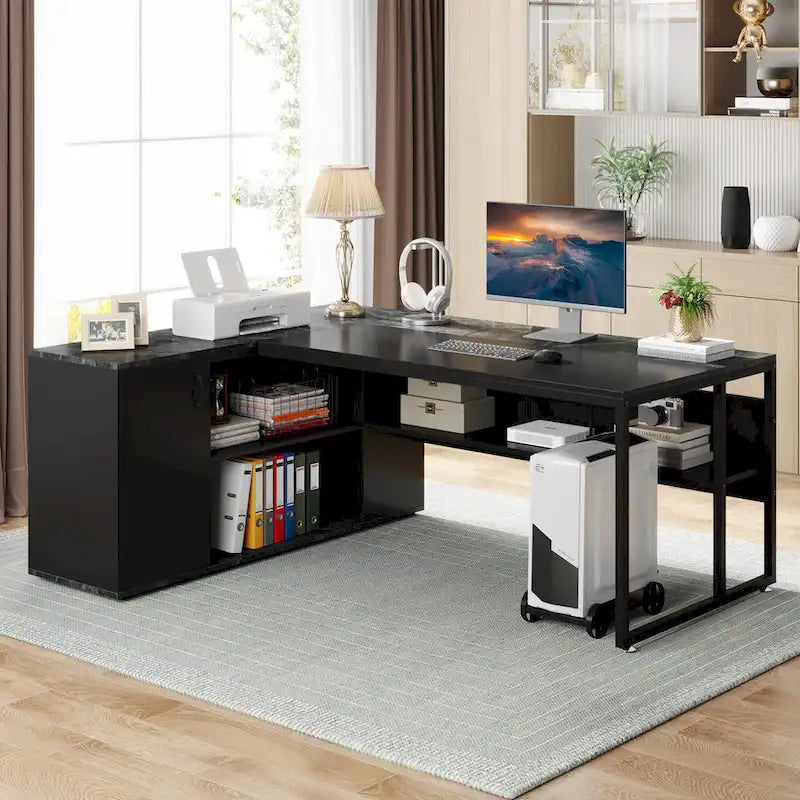 180 cm Chefschreibtisch, L-förmiger Schreibtisch mit Schrank und Regalen für das Home Office