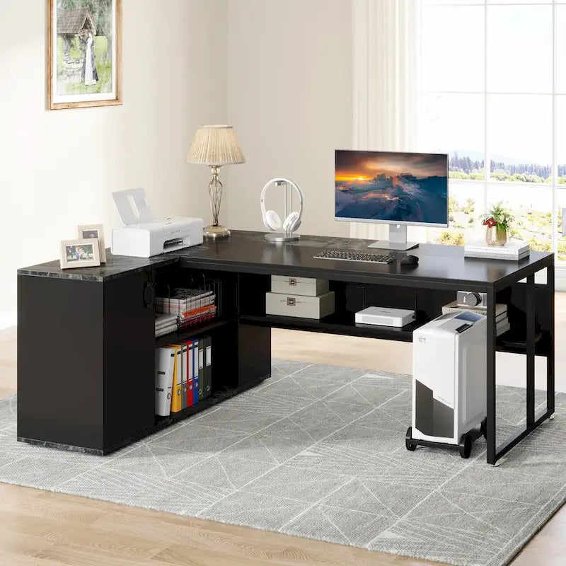 180 cm Chefschreibtisch, L-förmiger Schreibtisch mit Schrank und Regalen für das Home Office
