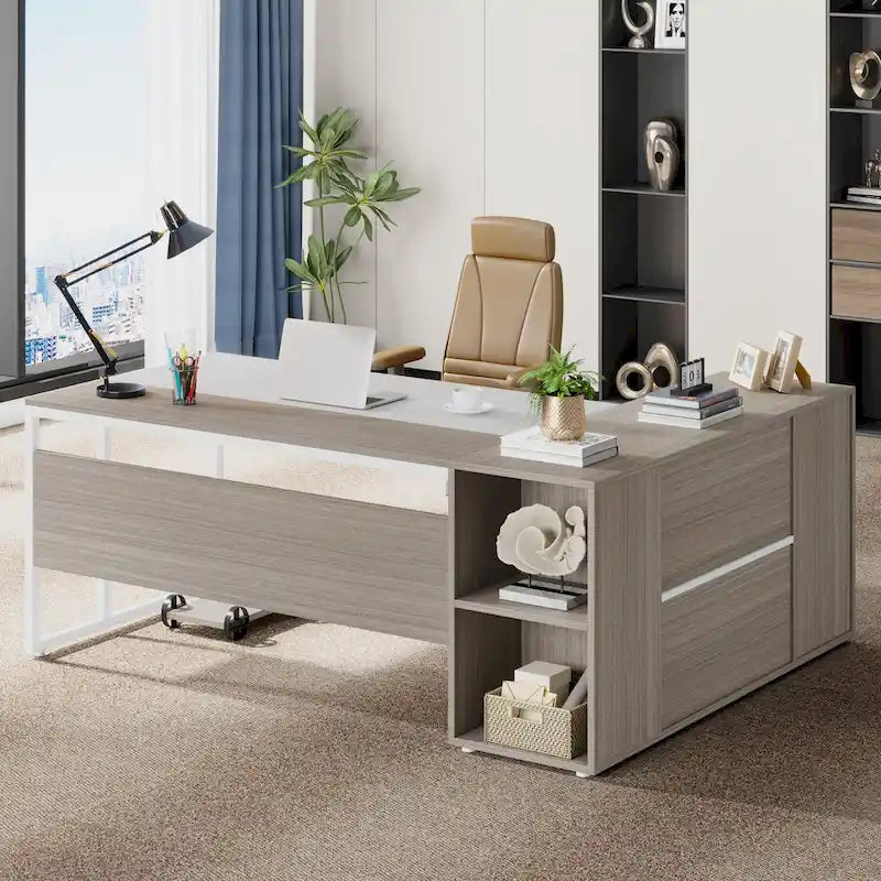 180 cm Chefschreibtisch, L-förmiger Schreibtisch mit Schrank und Regalen für das Home Office