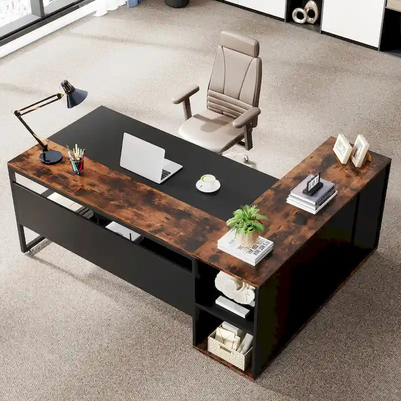 180 cm Chefschreibtisch, L-förmiger Schreibtisch mit Schrank und Regalen für das Home Office