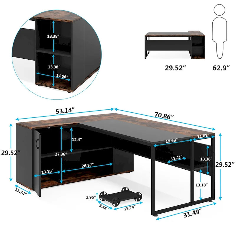 180 cm Chefschreibtisch, L-förmiger Schreibtisch mit Schrank und Regalen für das Home Office