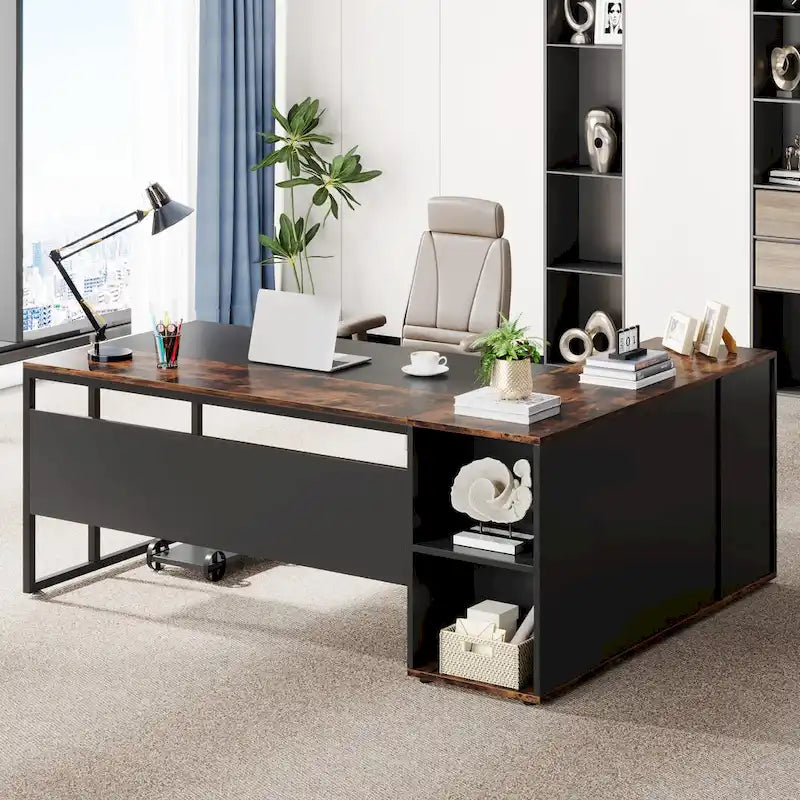 180 cm Chefschreibtisch, L-förmiger Schreibtisch mit Schrank und Regalen für das Home Office