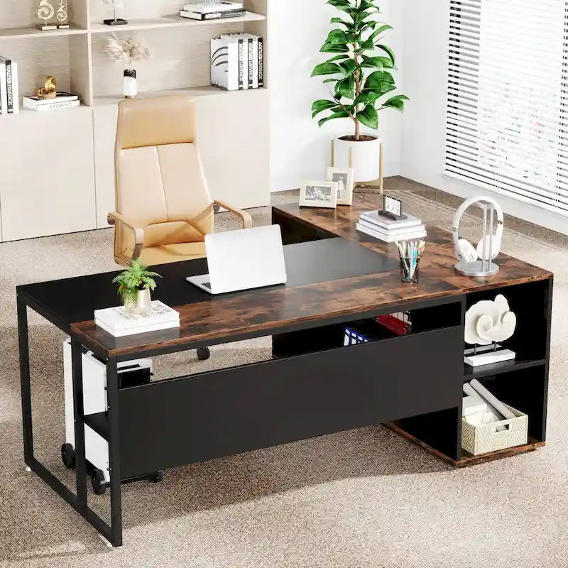 180 cm Chefschreibtisch, L-förmiger Schreibtisch mit Schrank und Regalen für das Home Office