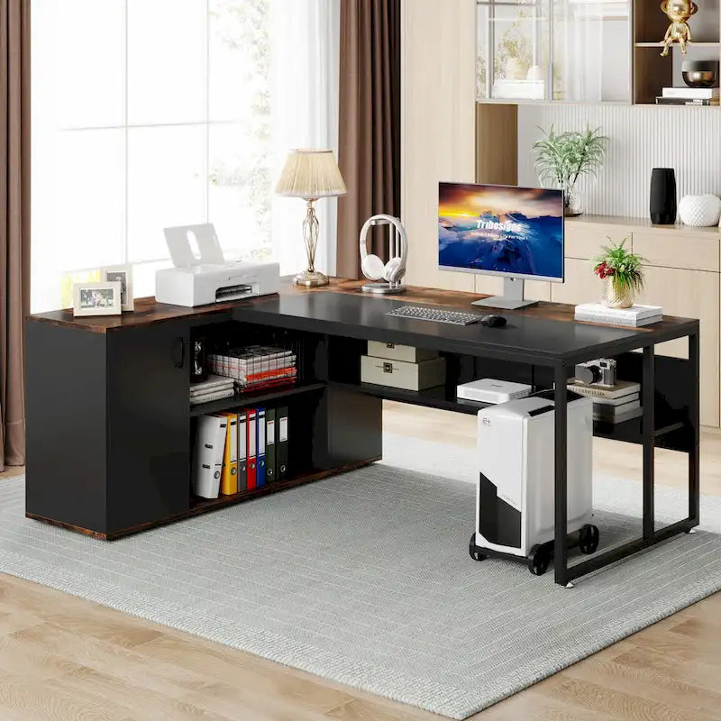 180 cm Chefschreibtisch, L-förmiger Schreibtisch mit Schrank und Regalen für das Home Office